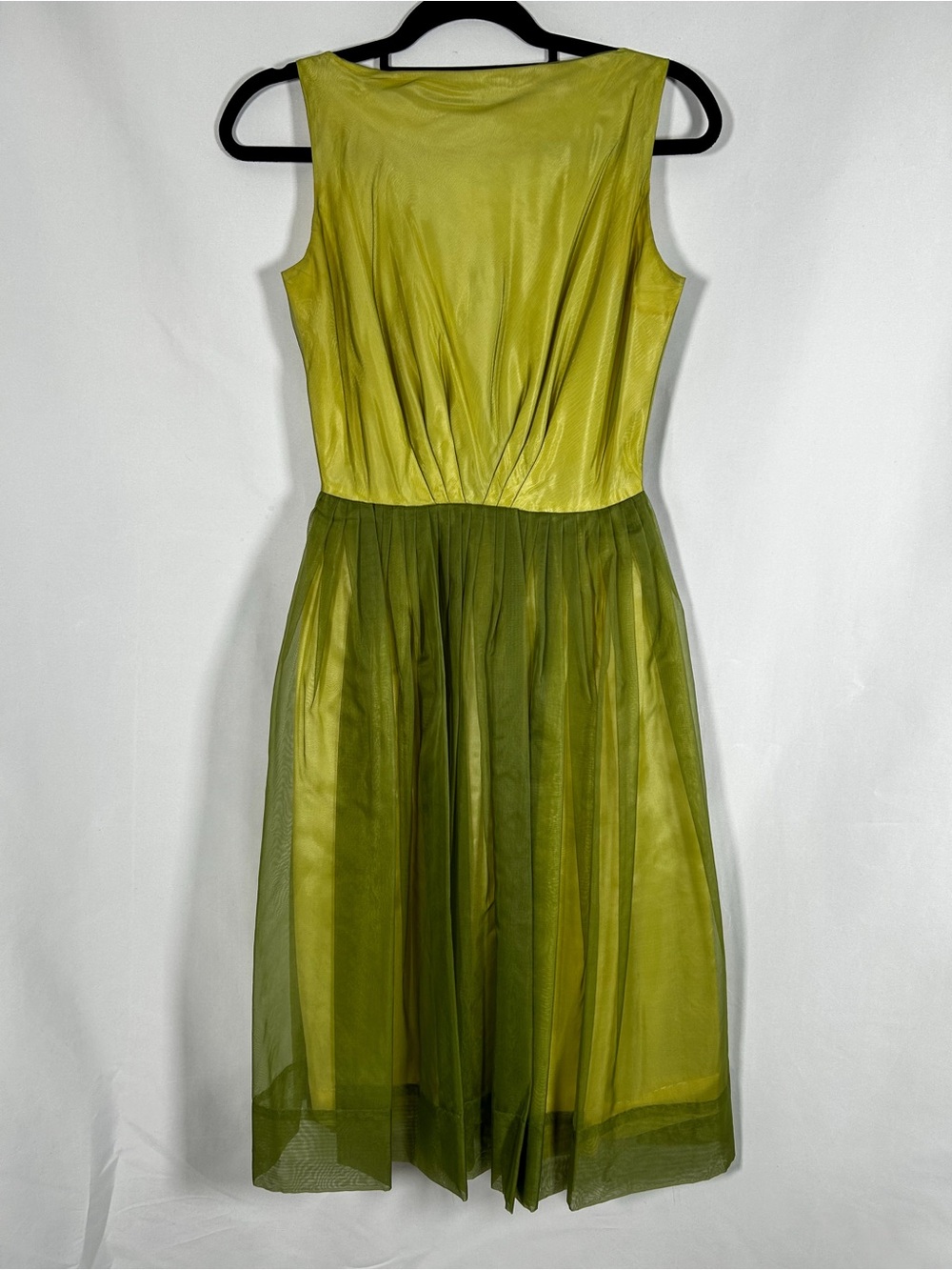 Vintage 1960s Chartreuse Organza Cocktail Dress ILGWU Union Green Party Dress